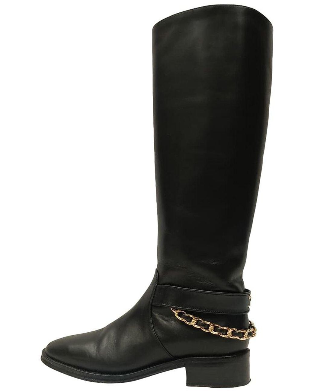 Chanel Black Leather Cc Chain Knee-High Riding Boot (Authentic Pre-Loved)