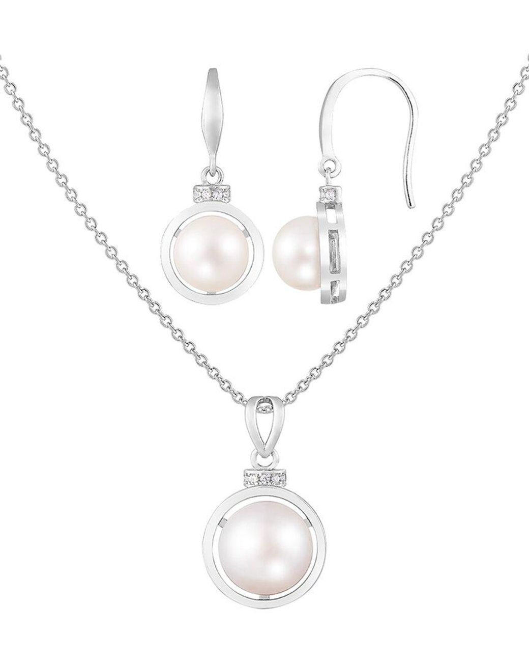 Splendid White Diamond 7-8.5Mm Pearl 2Pc Pendant & Earrings Set
