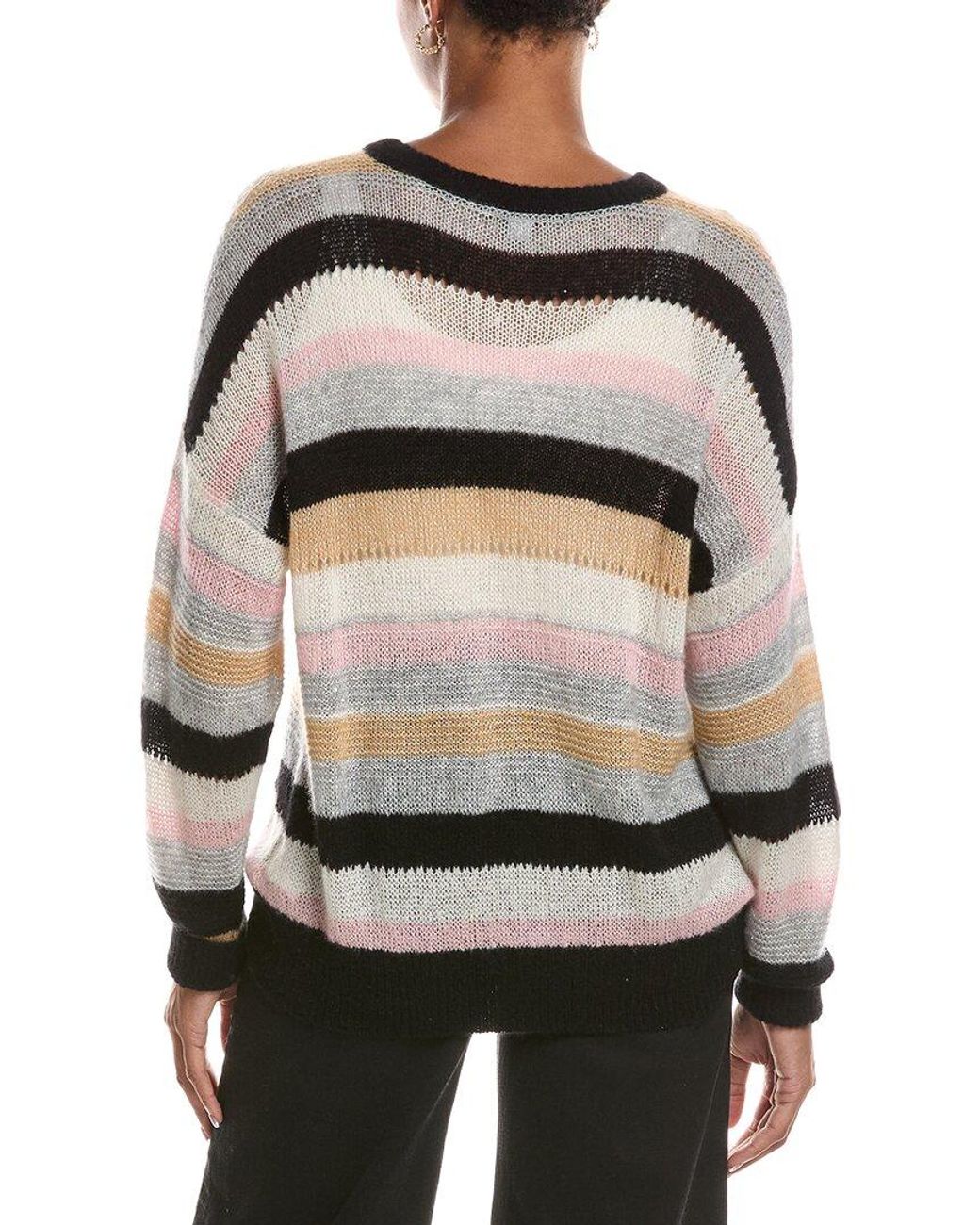Autumn Cashmere Black Pointelle Multi Stripe Crewneck Cashmere & Silk-Blend Sweater