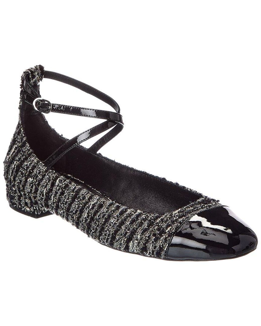 Stuart Weitzman Black Eden Strap Tweed & Patent Flat