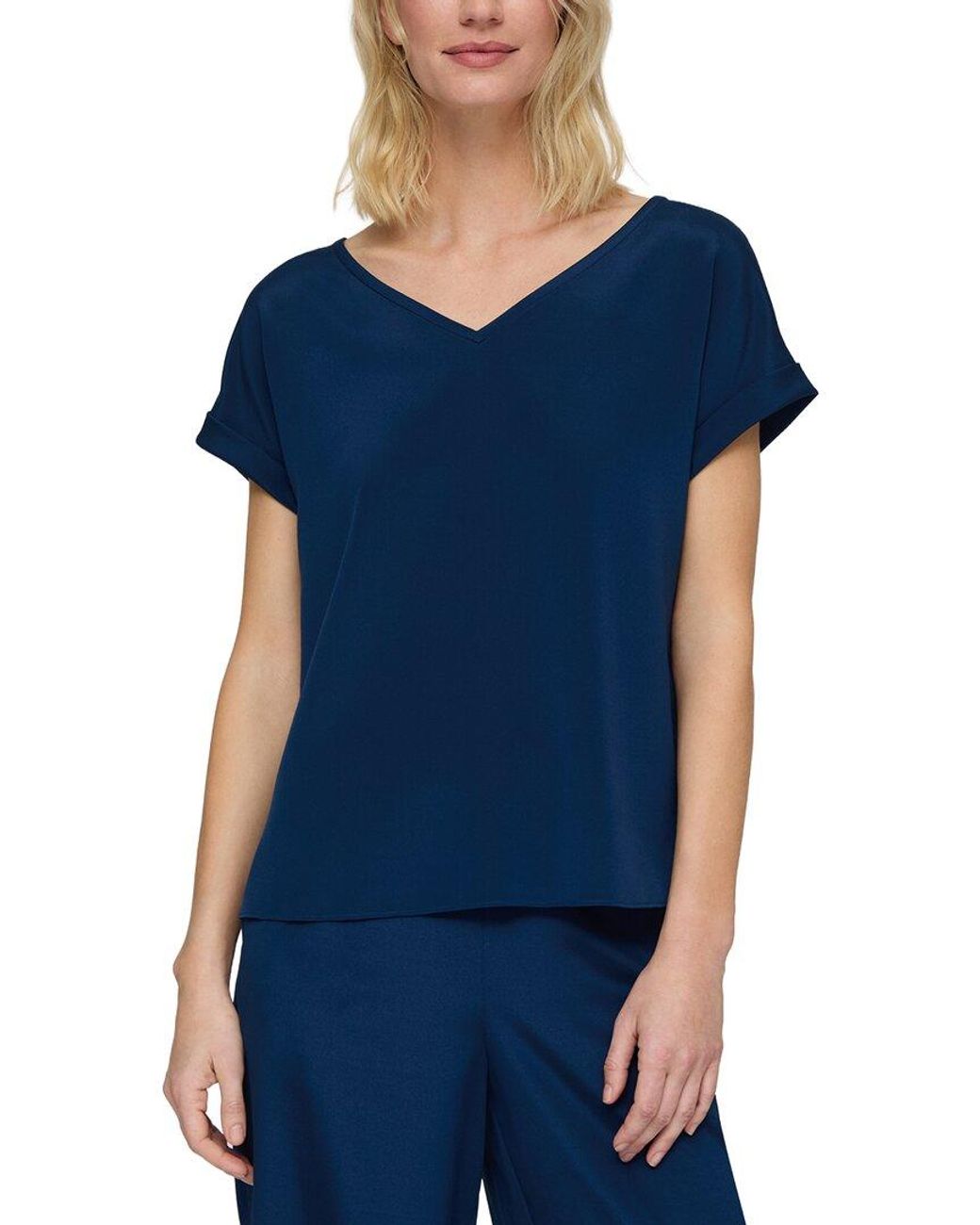 Lafayette 148 New York Blue Wide V-Neck Cuff Sleeve Blouse