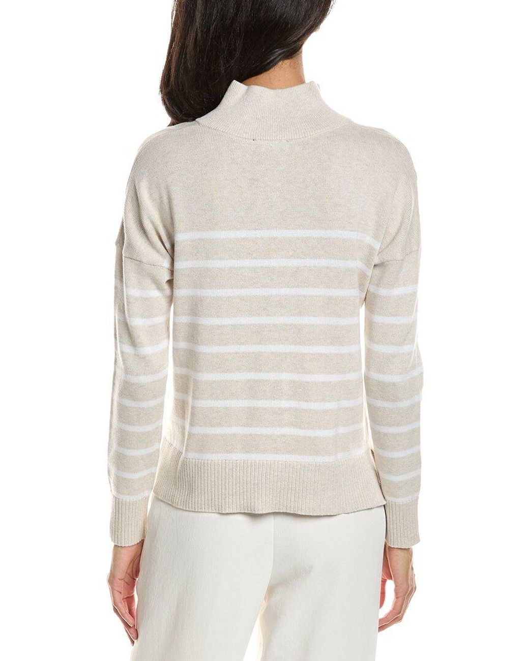 Forte White Stripe Button Mock Neck Sweater
