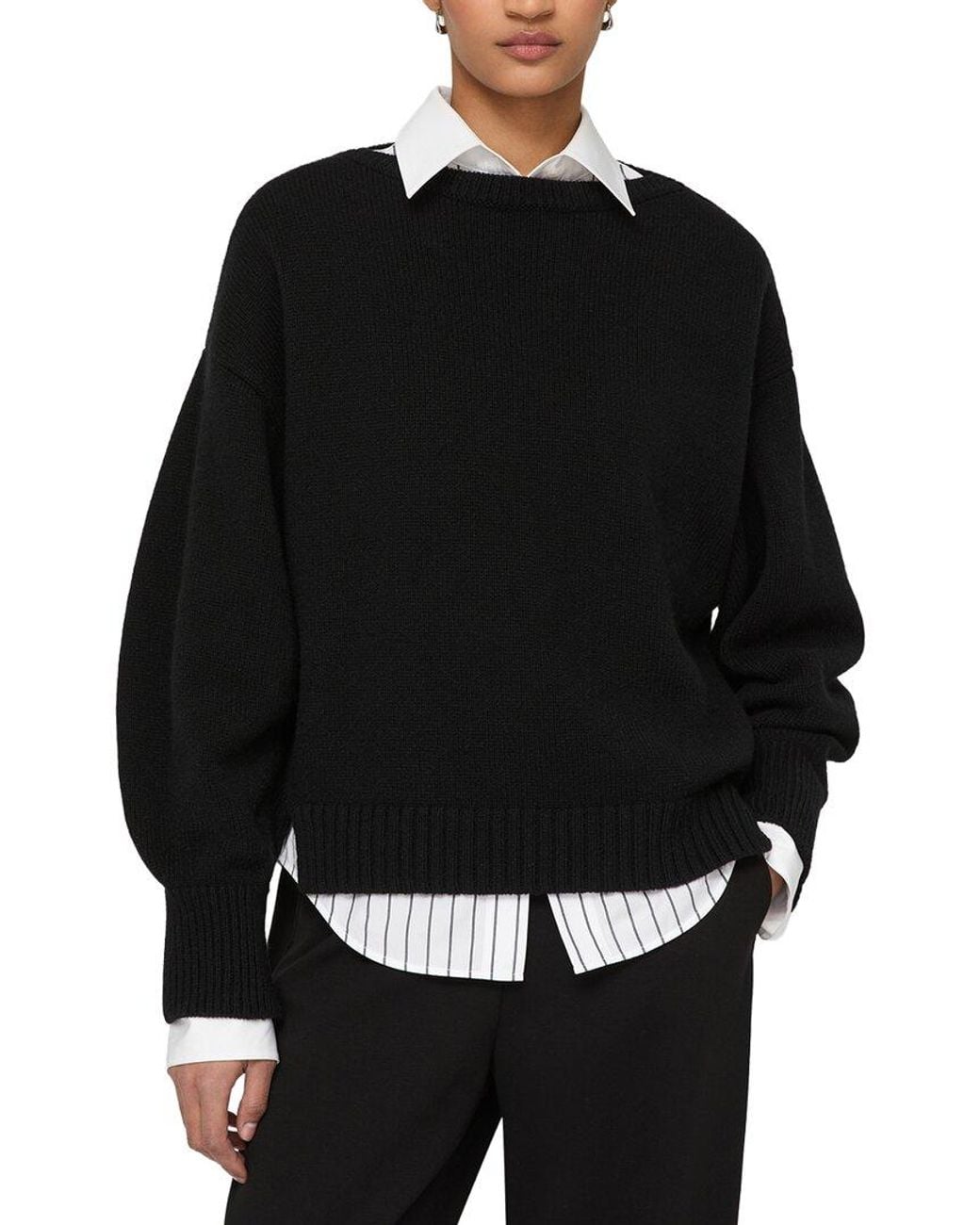 Lafayette 148 New York Black Bateau Neck Dolman Wool & Cashmere-Blend Sweater
