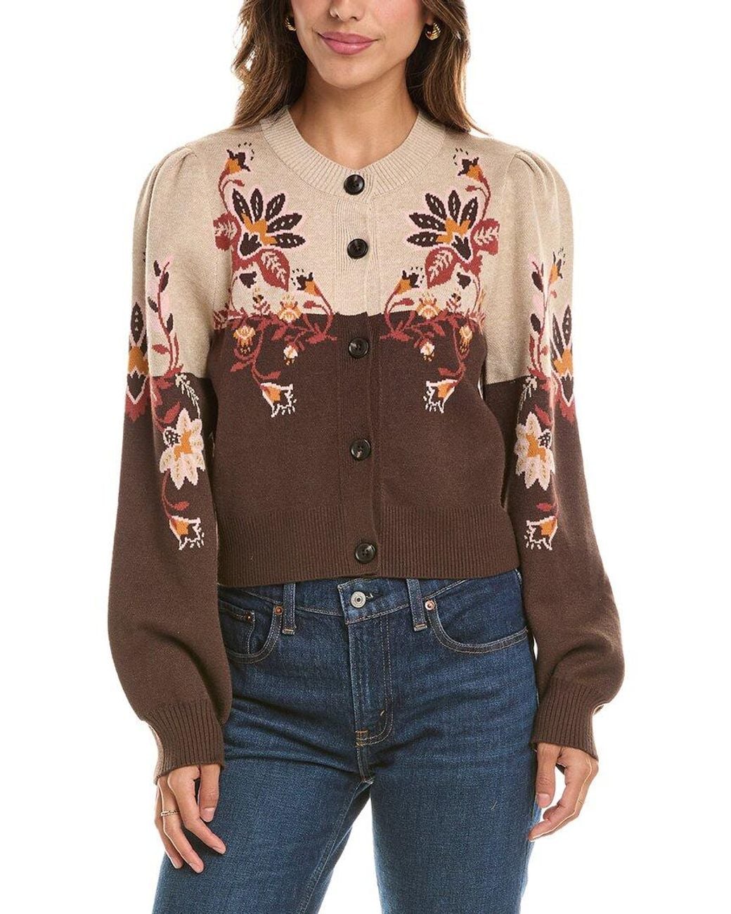 NVLT Brown Jacquard Colorblock Cardigan