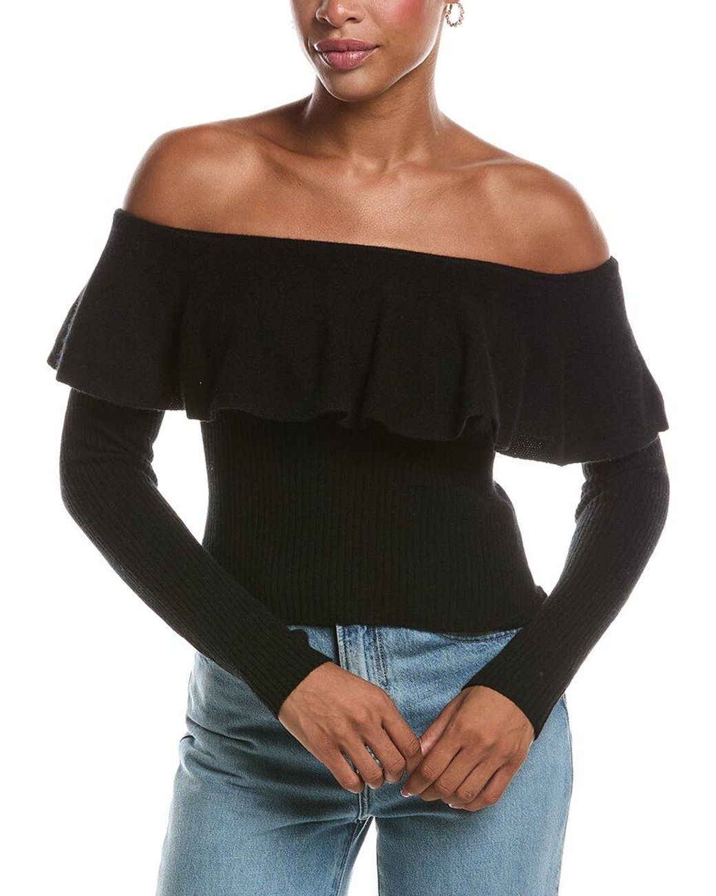 Autumn Cashmere Black Rib Off The Shoulder Ruffle 100% Cashmere Sweater