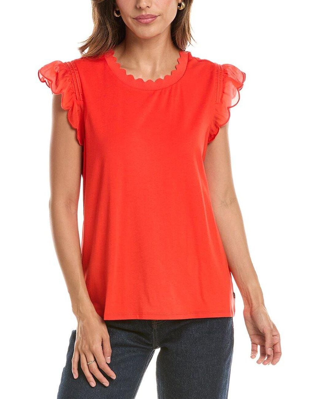 Karl Lagerfeld Red Solid Ruffle Top