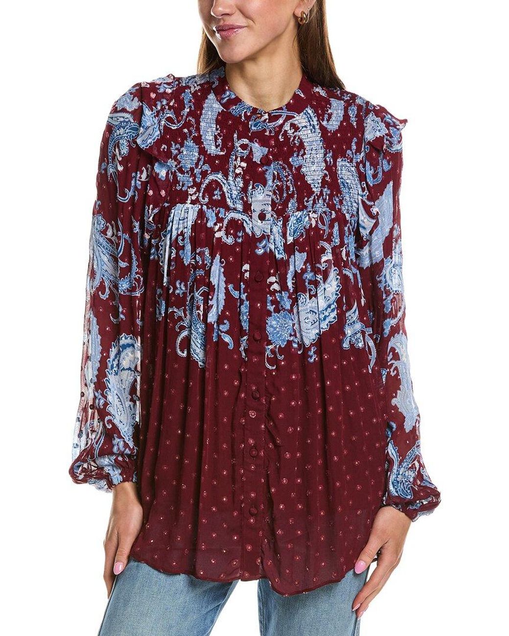Hemant & Nandita Red Smocked Yoke Top