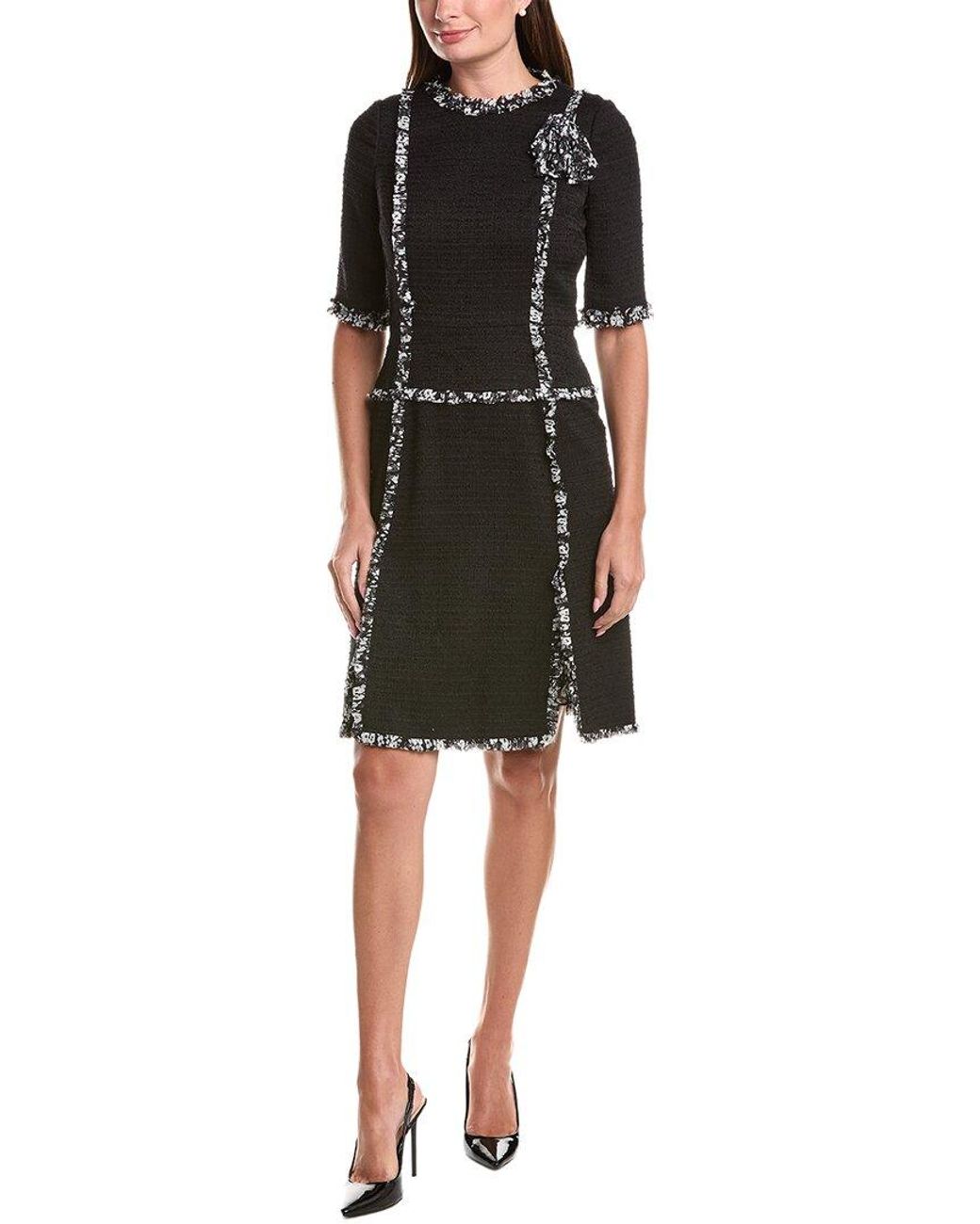 Teri Jon Black Boucle Silk Chiffon Trim & Corsage Sleeve Dress