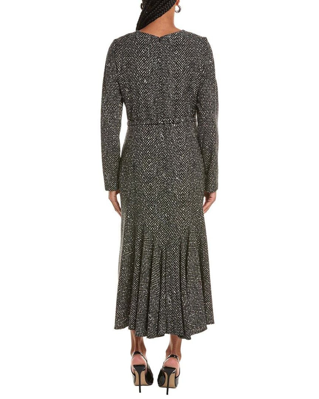 Oscar de la Renta Green Printed Chevron Wool Dress