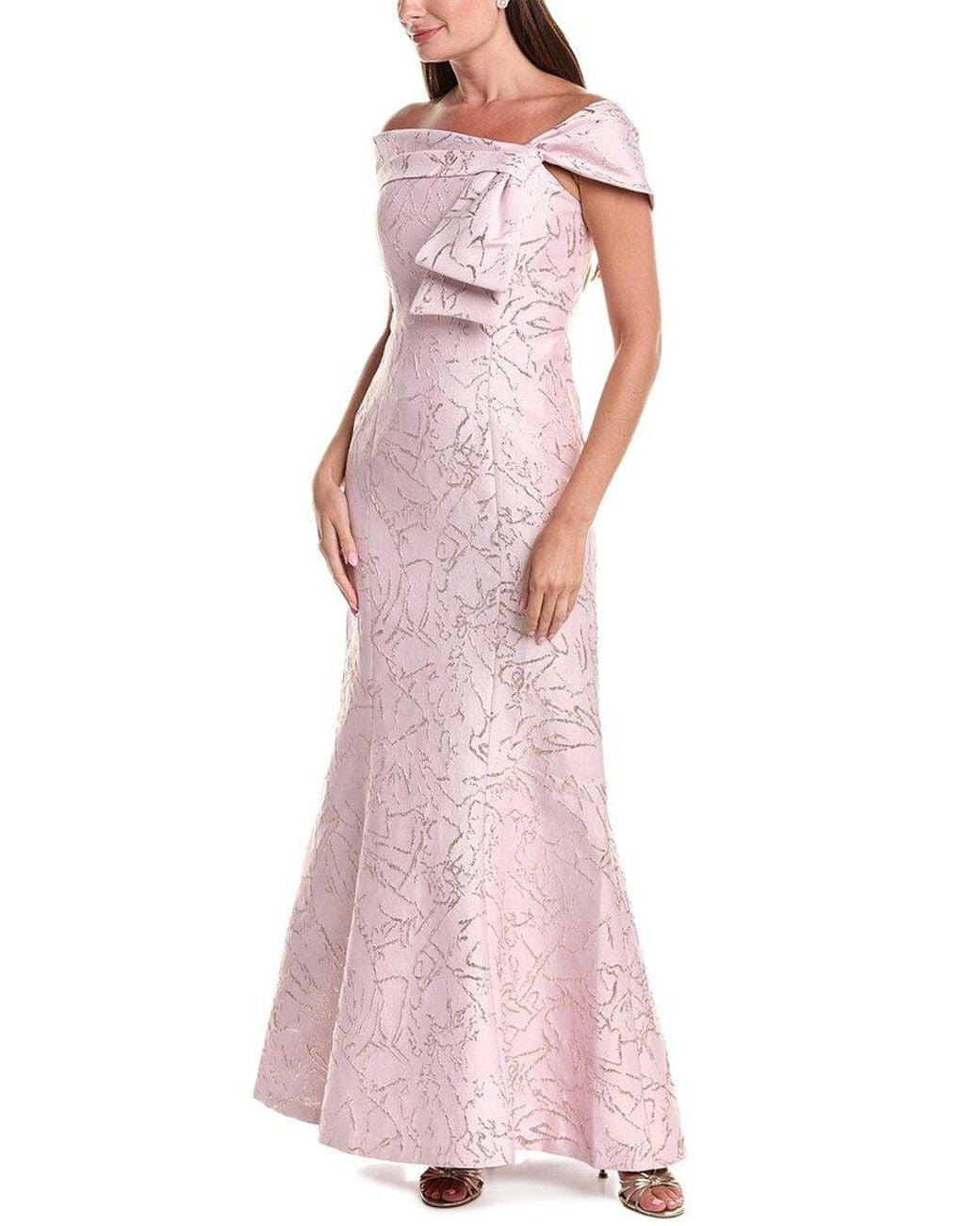 Teri Jon Pink Jacquard Asymmetrical Off-Shoulder Side Bow Godet Gown