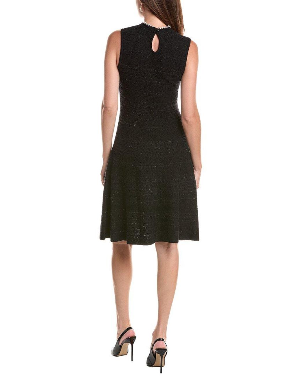 Teri Jon Black Metallic Knit Pearl Applique Wool-Blend Midi Dress