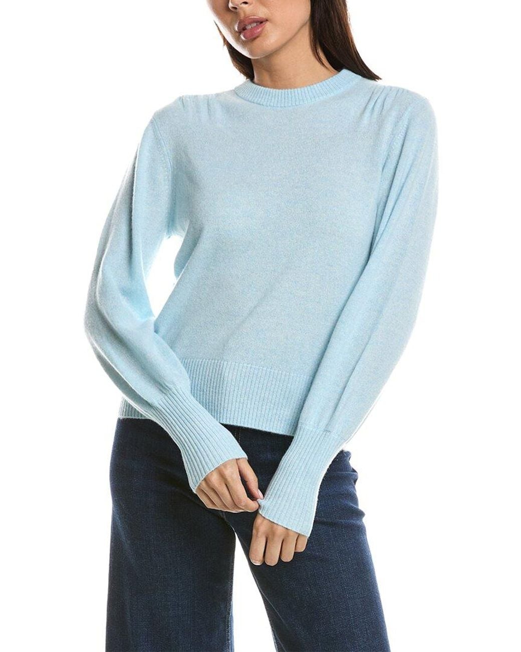 Forte Blue Gathered Shoulder Crewneck 100% Cashmere Sweater