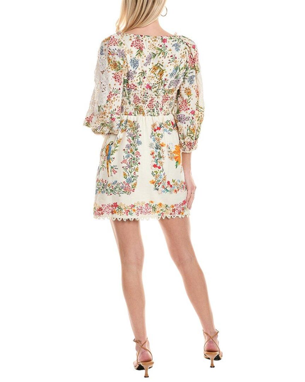 delicate forest scarves mini dress FARM Rio Delicate Forest Scarves Bonded Lace Linen-Blend Mini Dress in Natural