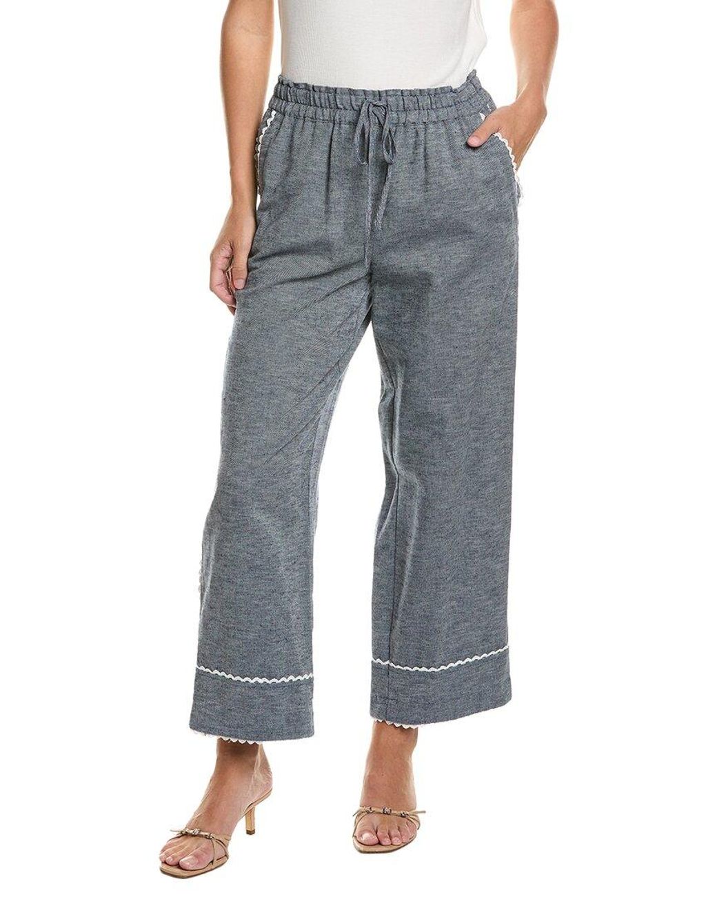 Cece Blue Pull-On Cropped Linen-Blend Pant