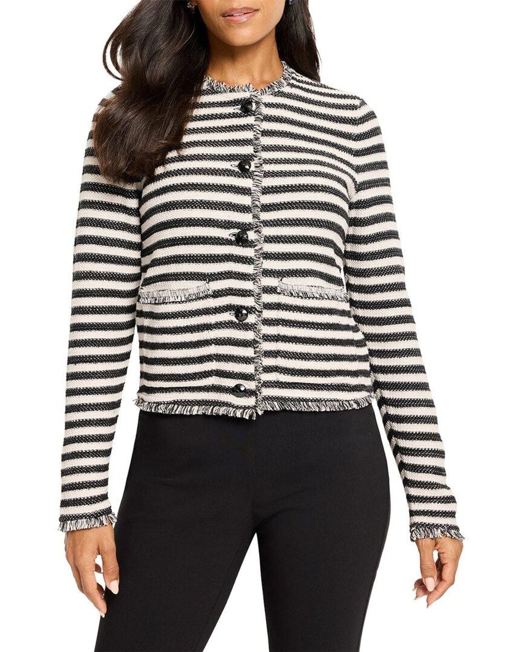 NIC+ZOE Black Petite Striped Fringe Mix Femme Knit Linen-Blend Jacket