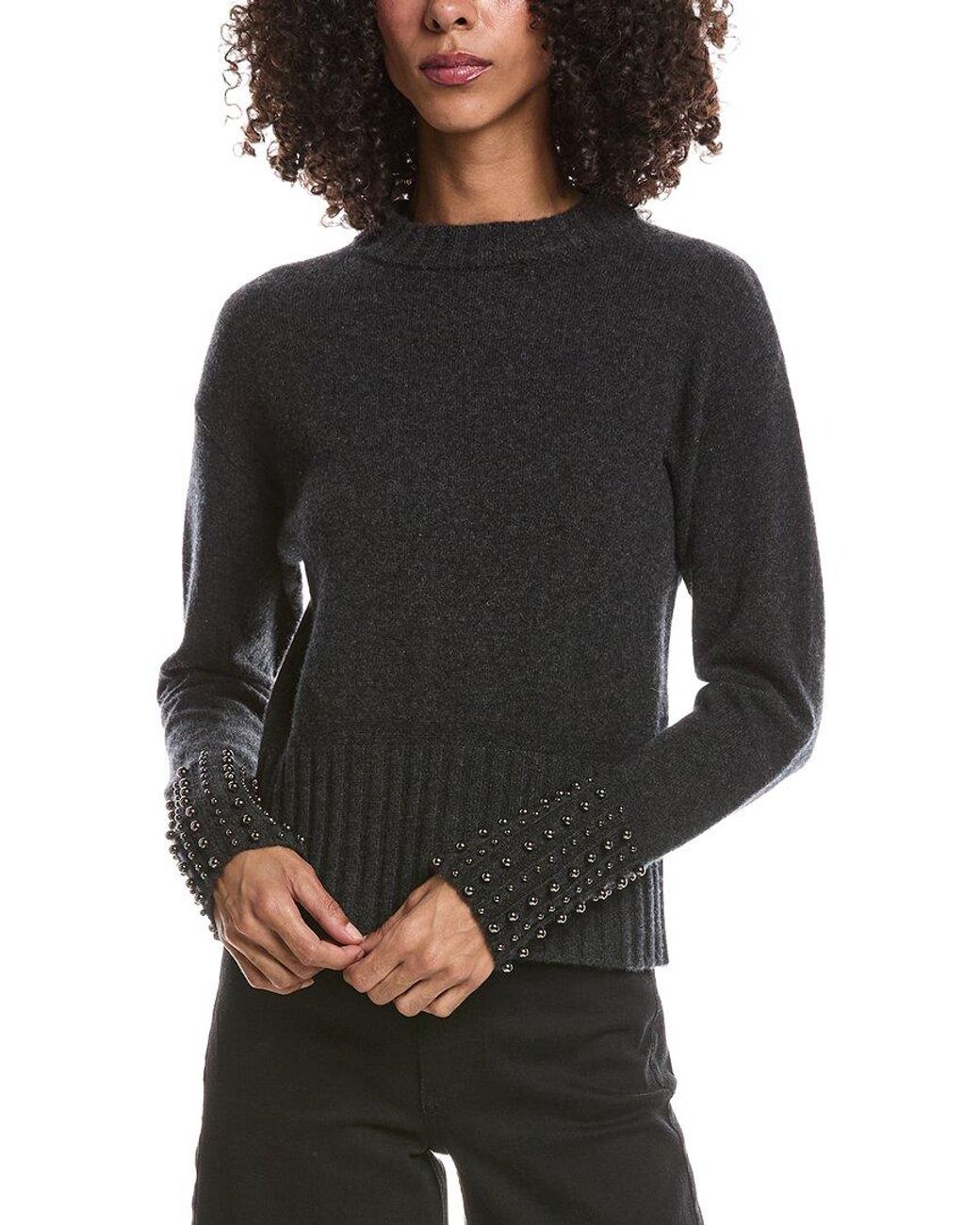 Brodie Cashmere Gray Ellie Pearl Detail Crewneck 100% Cashmere Sweater