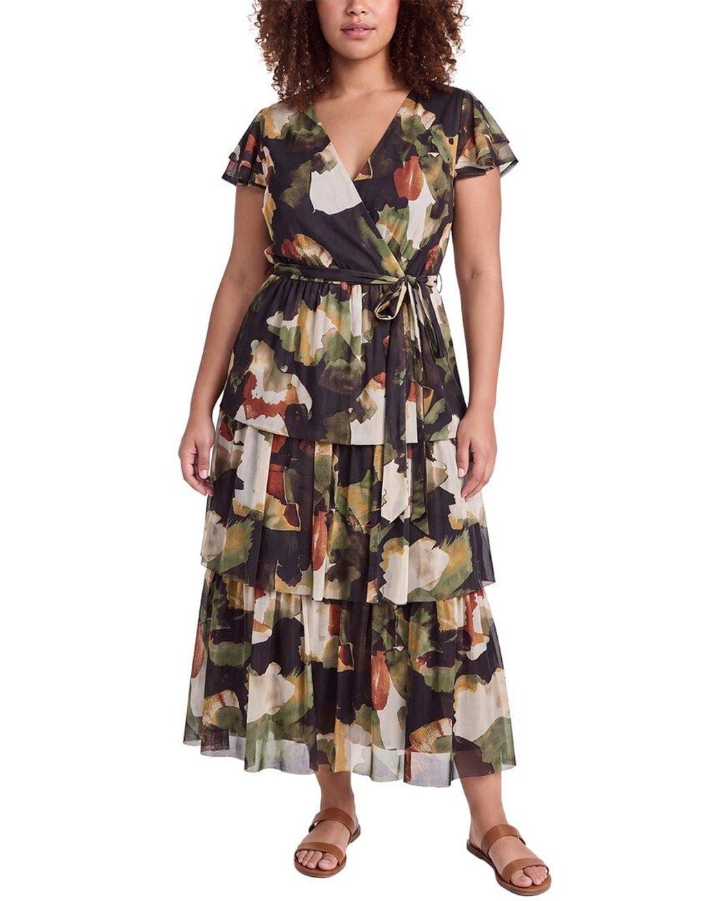 Anne Klein Brown Plus Flutter Sleeve Tiered Midi Dress