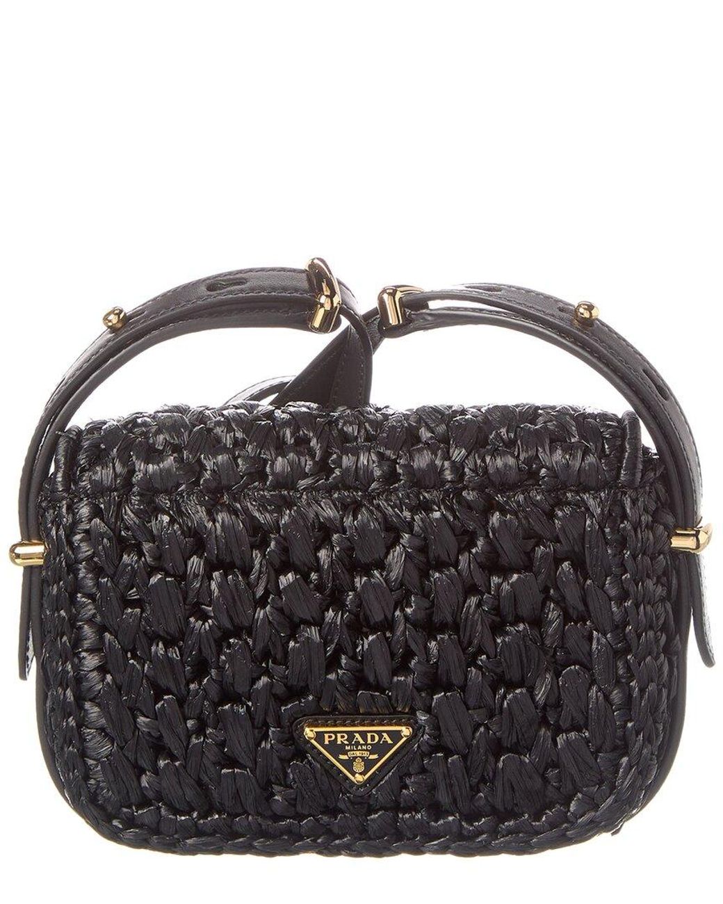 Prada Black Logo Crochet & Leather Shoulder Bag