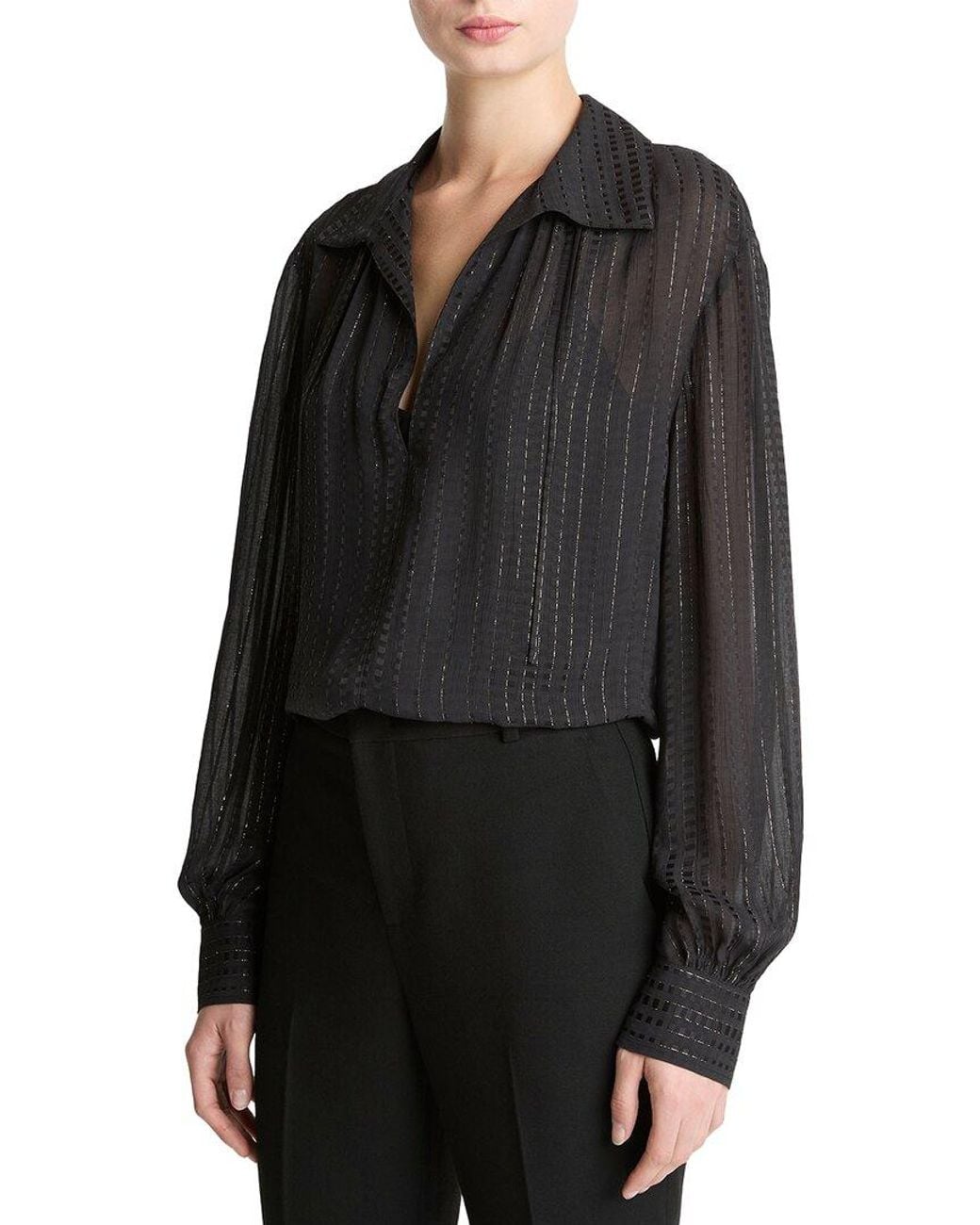 Vince Black Gathered Lurex Stripe Blouse