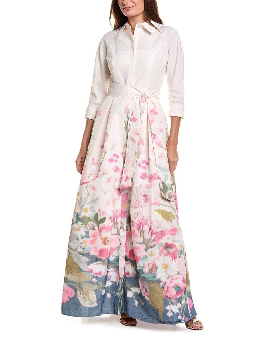 Teri Jon White Taffeta Digital Placement Print Shirt Gown