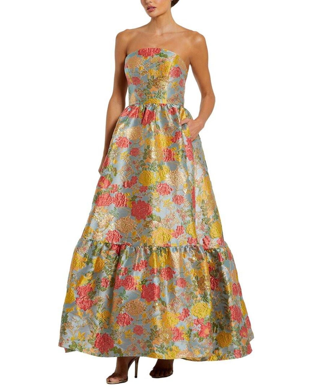 Mac Duggal Yellow Strapless Floral Brocade Dress