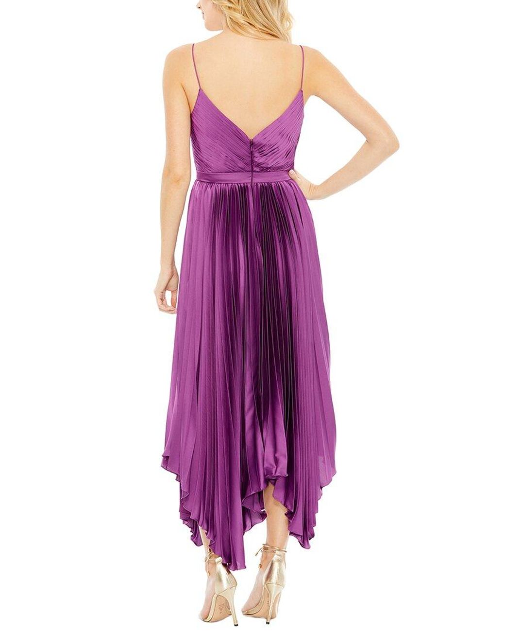 Mac Duggal Purple Pleated Satin Flowy Midi Dress