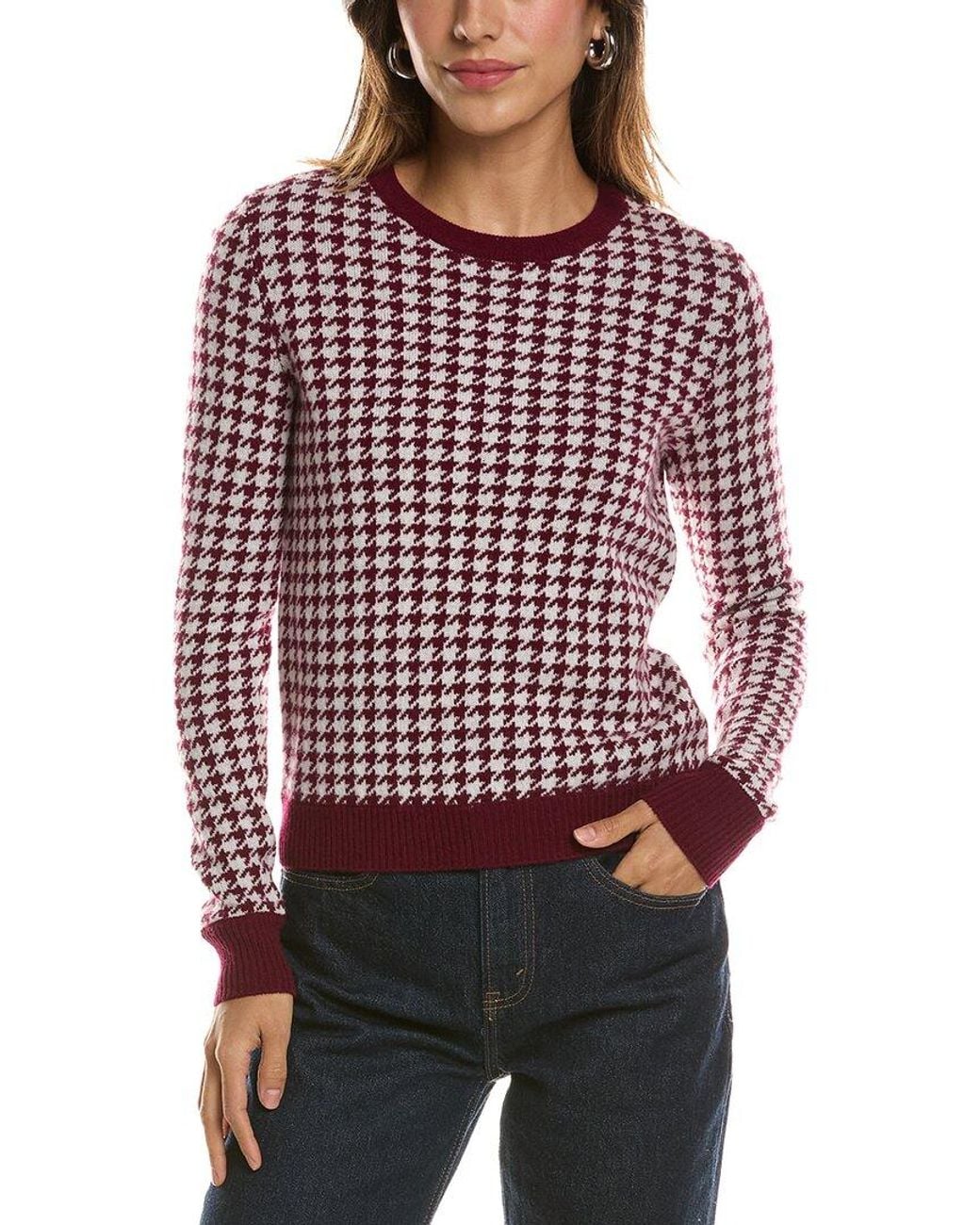 Bruno Magli Red Houndstooth Crewneck Wool & Cashmere-Blend Sweater