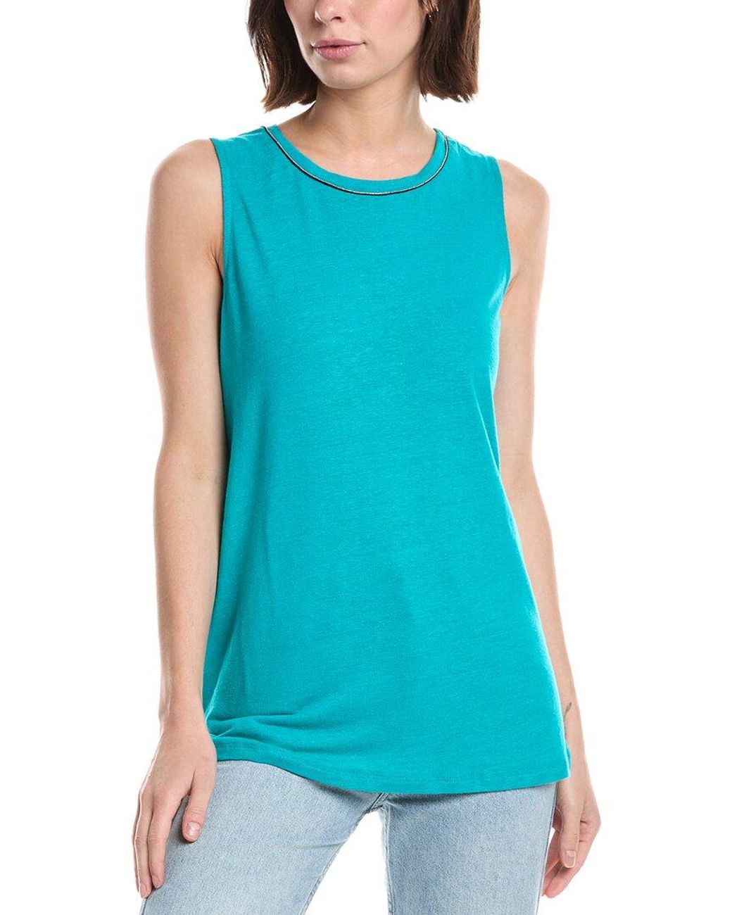 Lemon Grass Blue Beaded Neckline Linen-Blend Tank Top