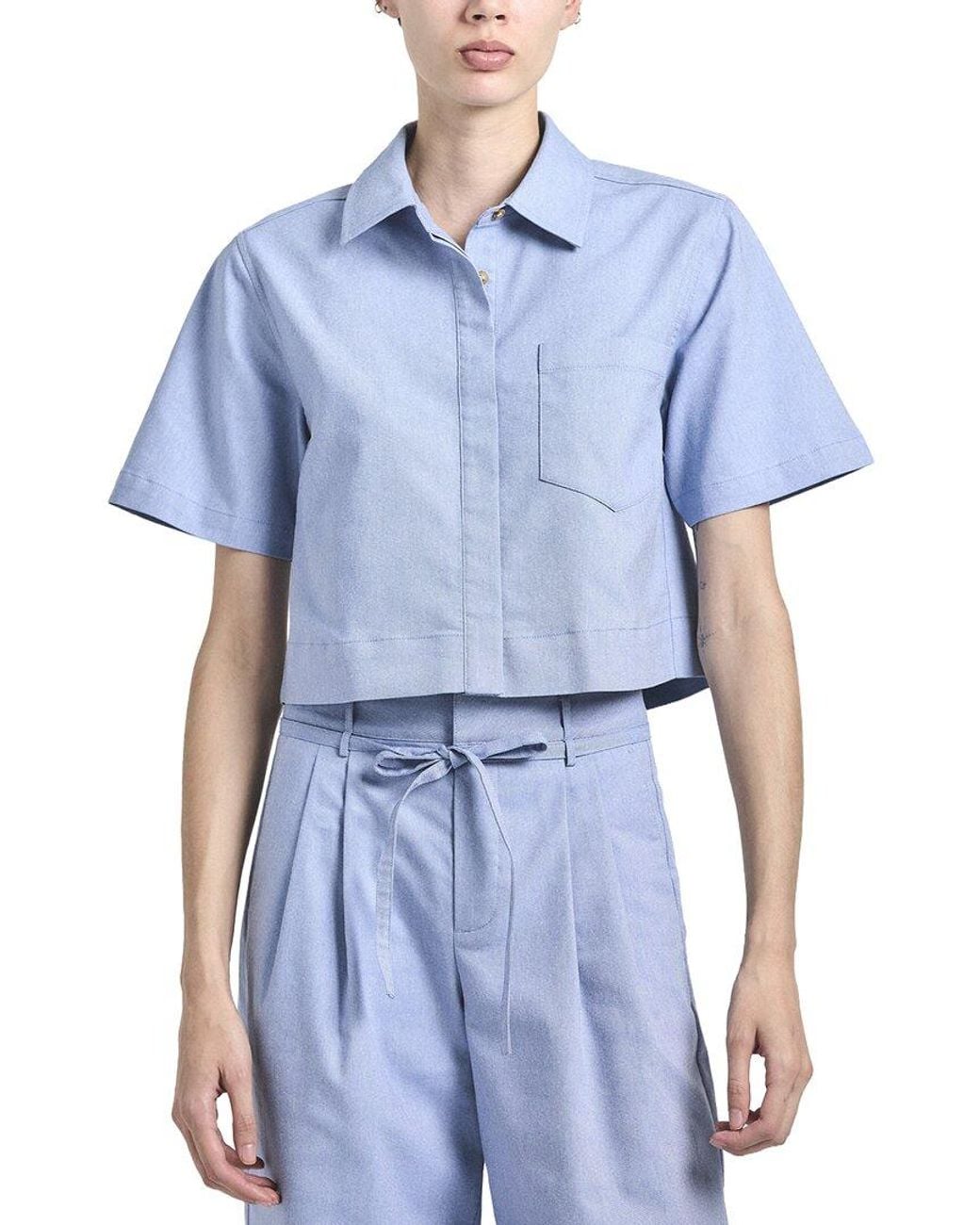 10 Crosby Derek Lam Blue Lira Crop Short Sleeve Shirt