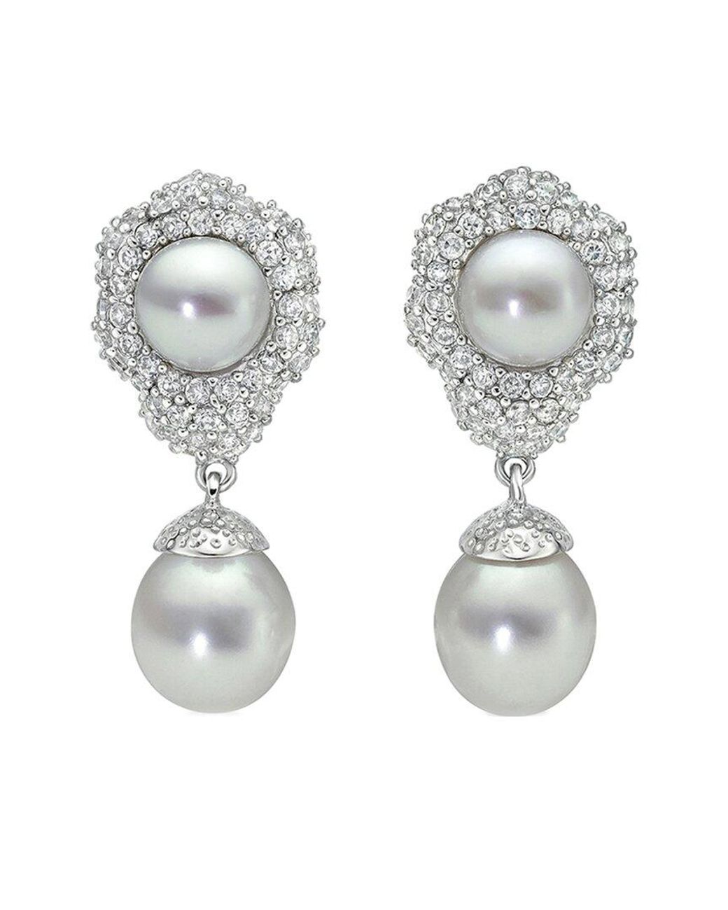 Belpearl Metallic Silver 10/8-7mm Freshwater Pearl Cz Earrings