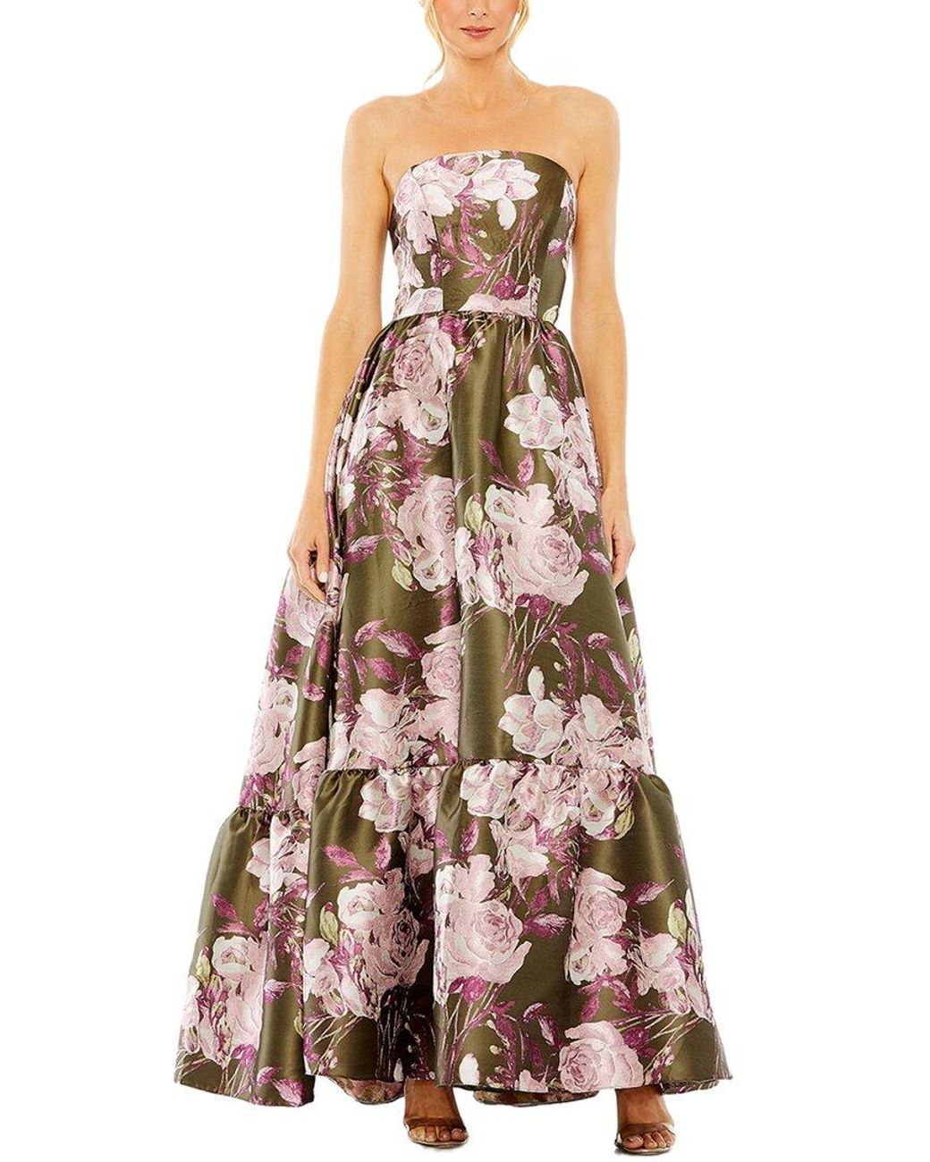 Mac Duggal Green Strapless Bottom Ruffle Floral Gown