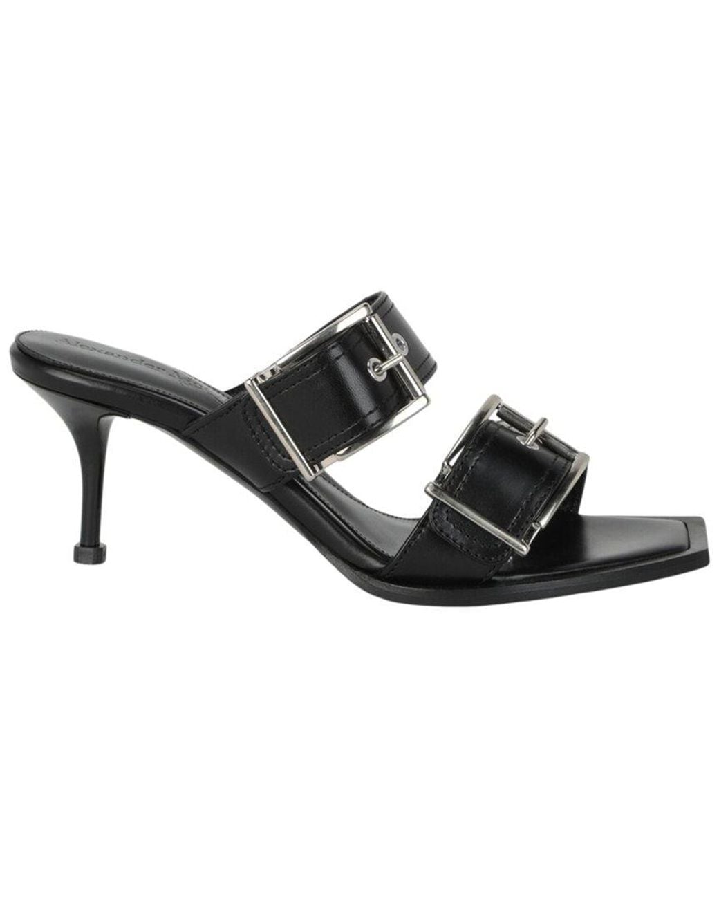 McQueen Black Double Buckle Punk Leather Mule