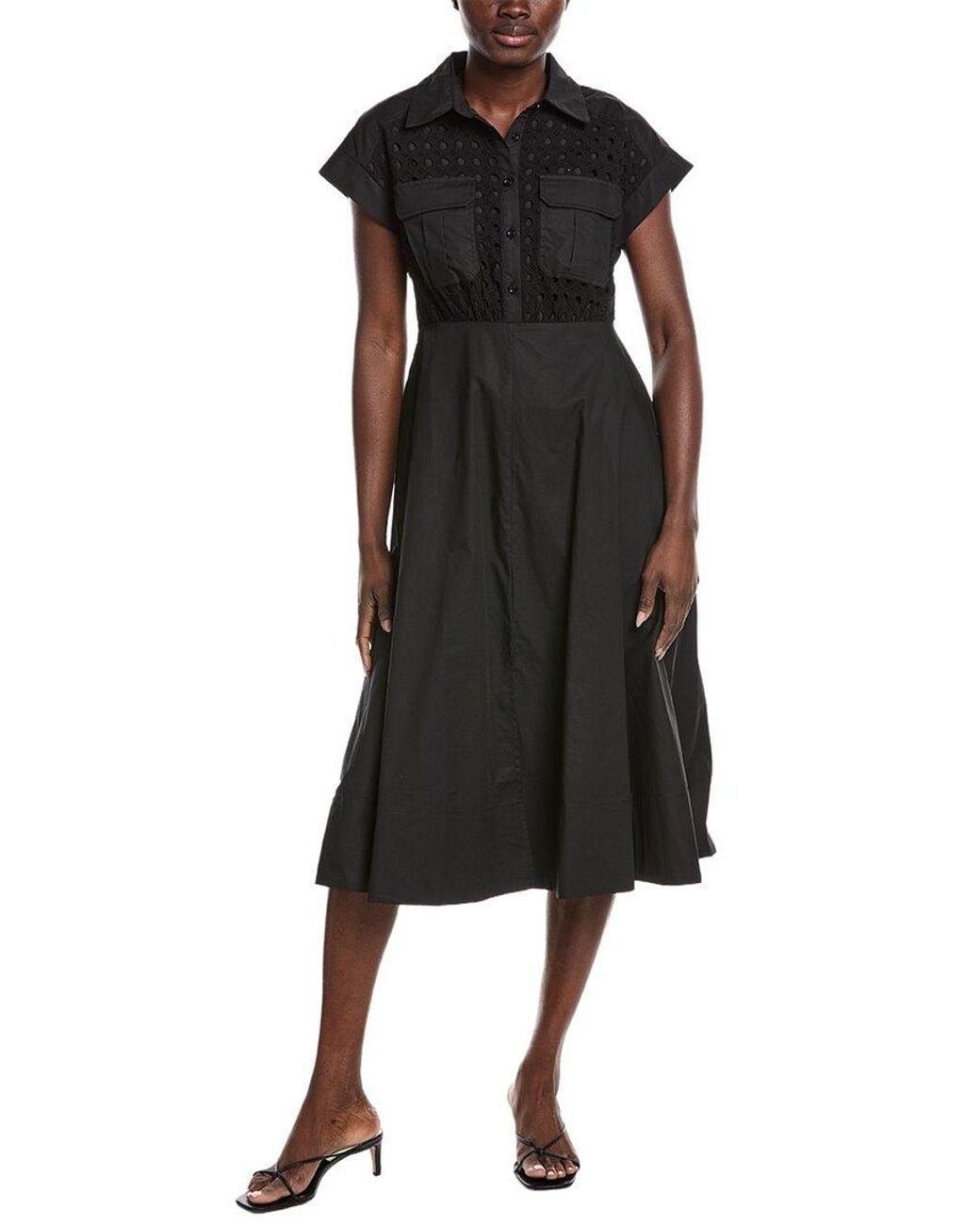 Gracia Black Eyelet Bodice Tie Waist Midi Dress