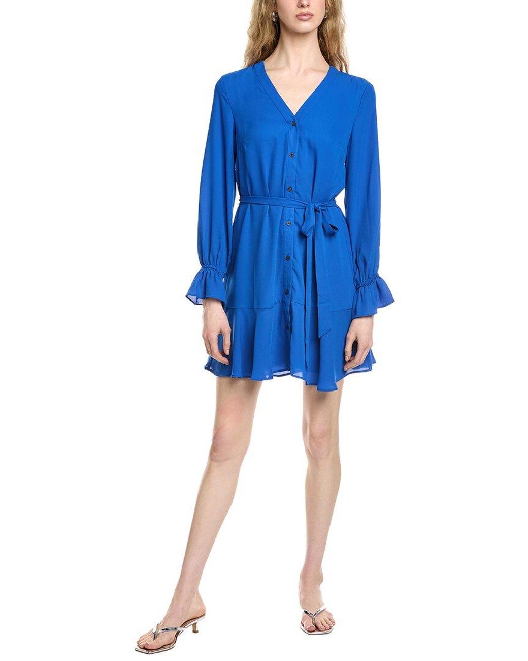 Cece Blue V-Neck Tie Waist Dress