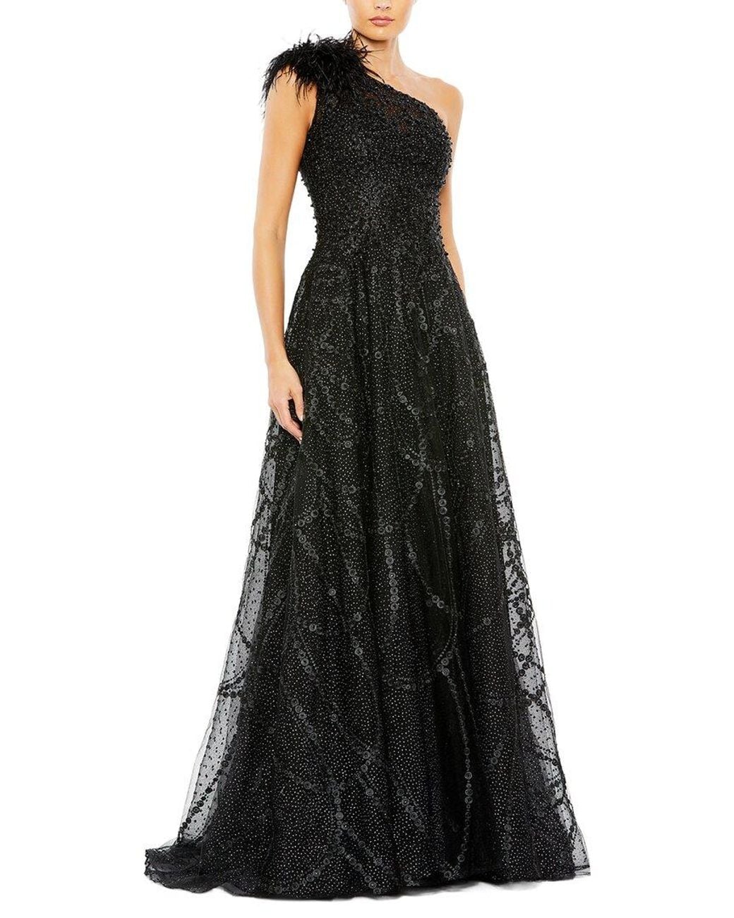 Mac Duggal Black Embellished One-Shoulder A-Line Gown With Feather Accent