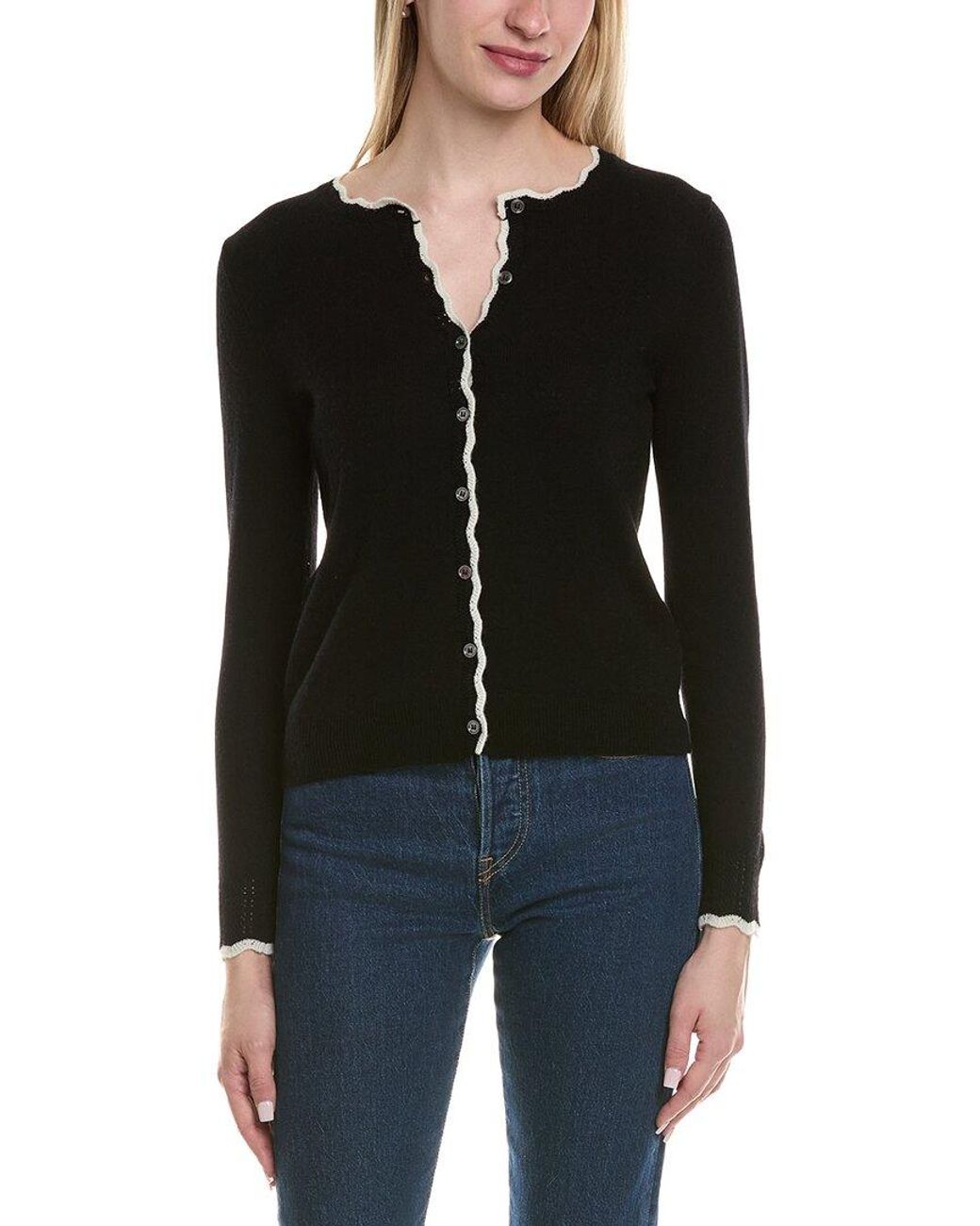 Sofiacashmere Black Tipped Scalloped Wool & Cashmere-Blend Cardigan