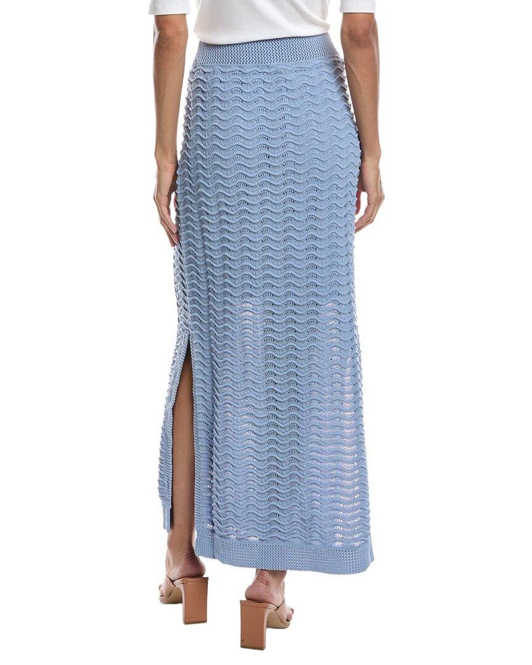 Bernardo Blue Knitted Wave Pointelle Midi Skirt