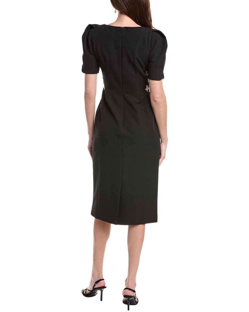 Rene Ruiz Black Short Sleeve Crepe Sheath Midi Dress