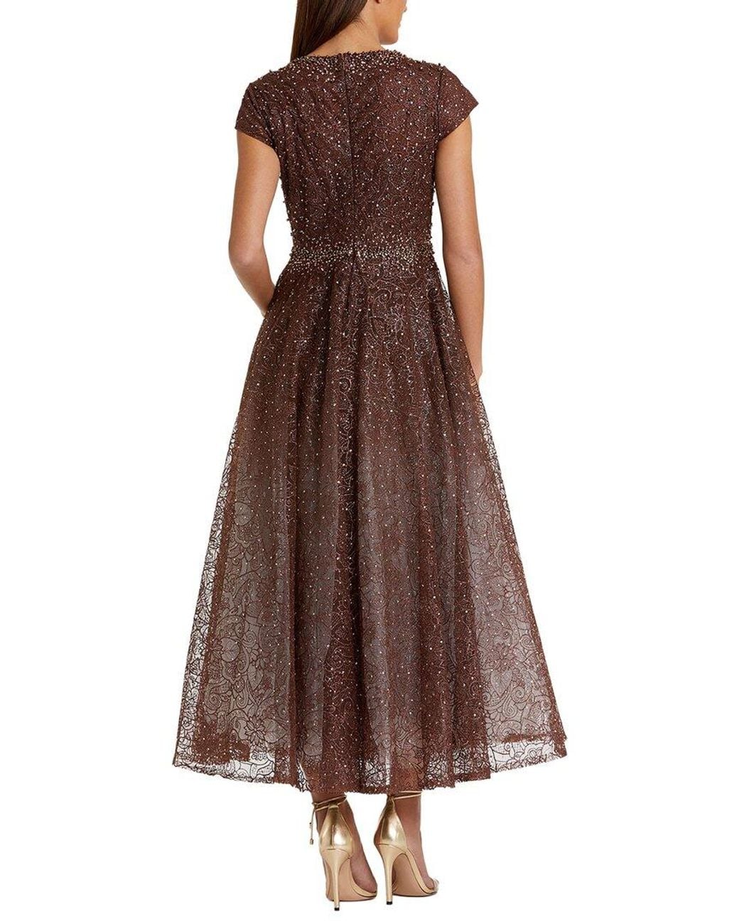 Mac Duggal Brown Embellished Cap Sleeve A-Line Dress