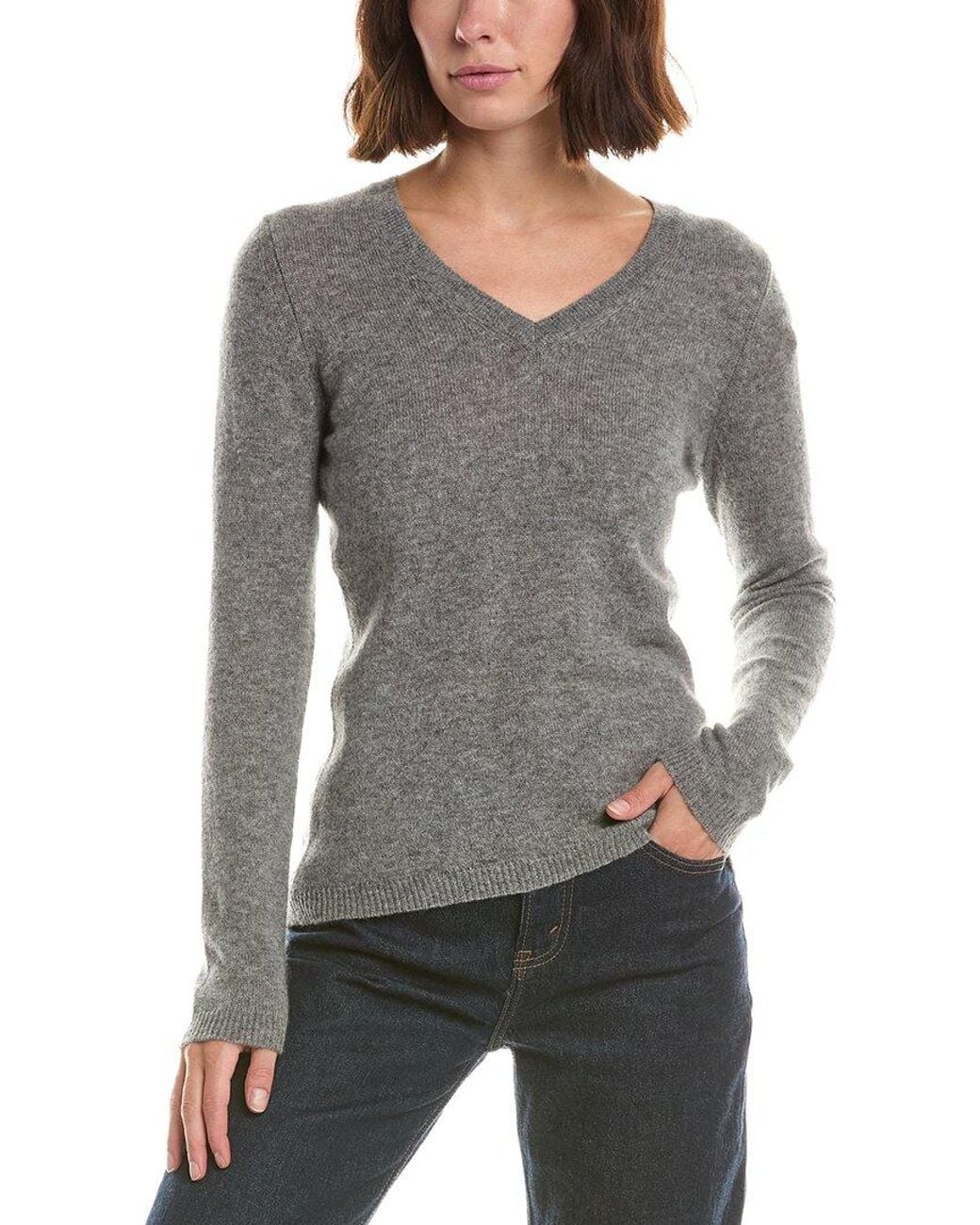 Forte Gray Basic V-Neck 100% Cashmere Pullover