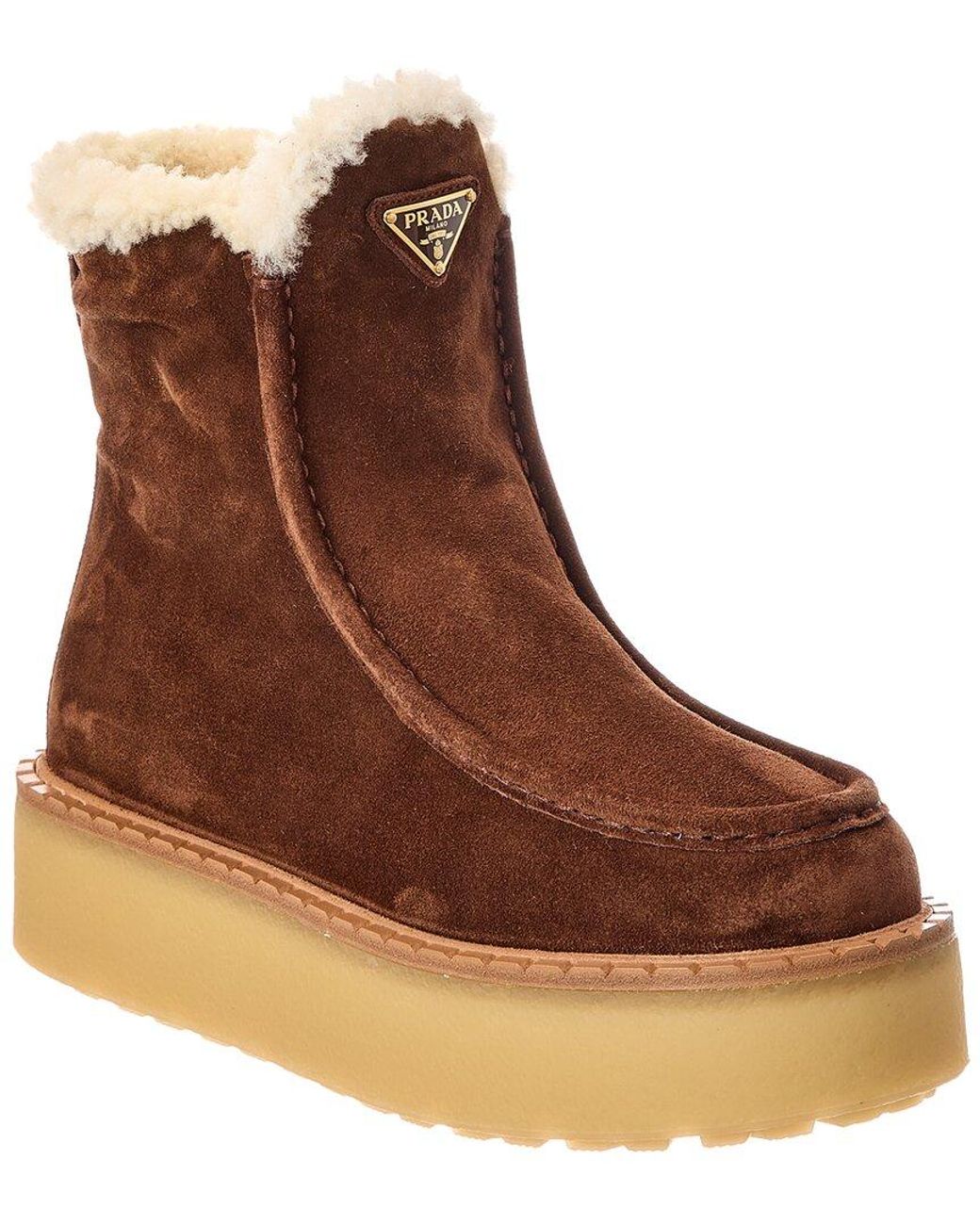 Prada Brown Dnu Pack Suede & Shearling Bootie