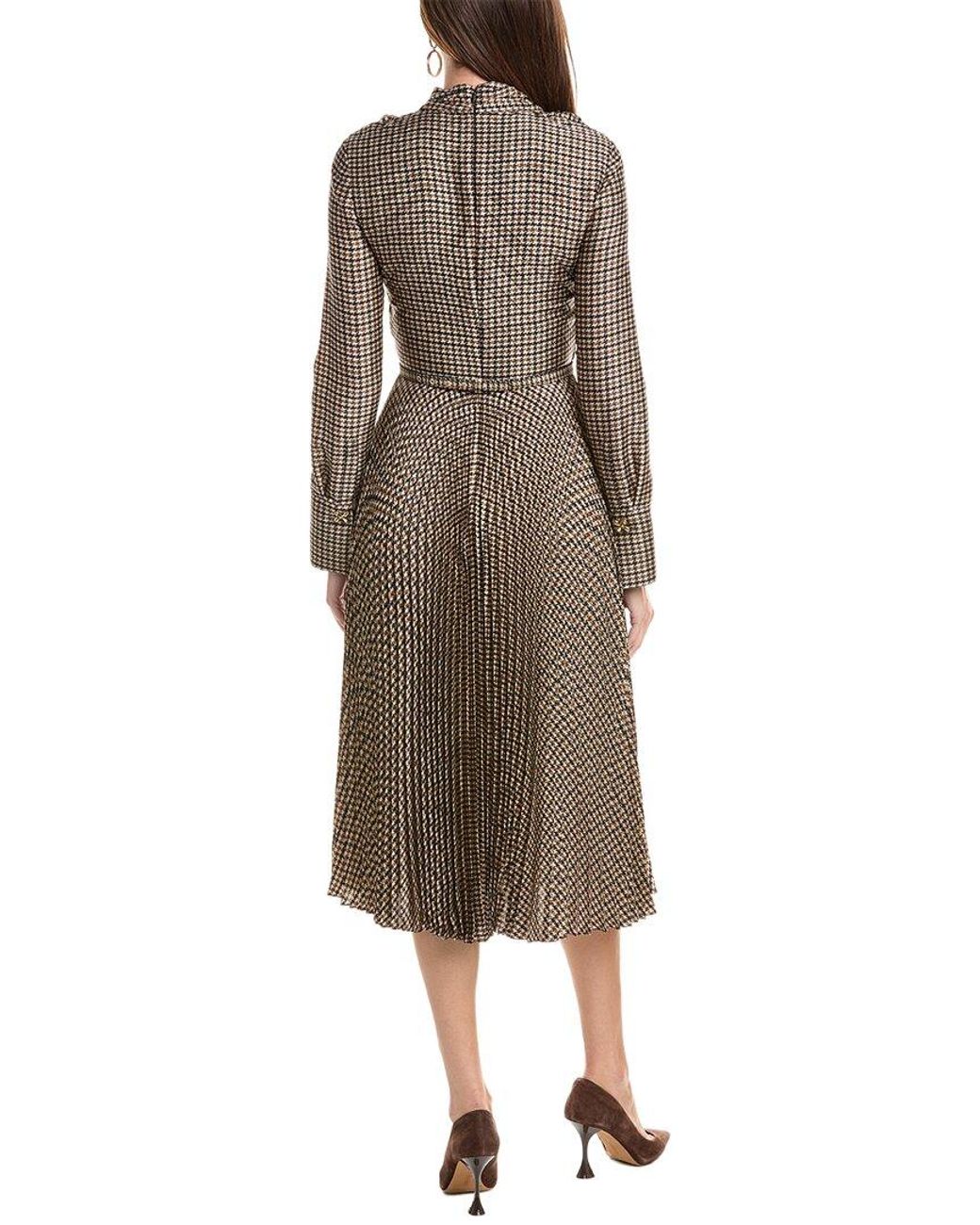 Oscar de la Renta Brown Tie-Neck Pied De Poule Silk-Lined Midi Dress