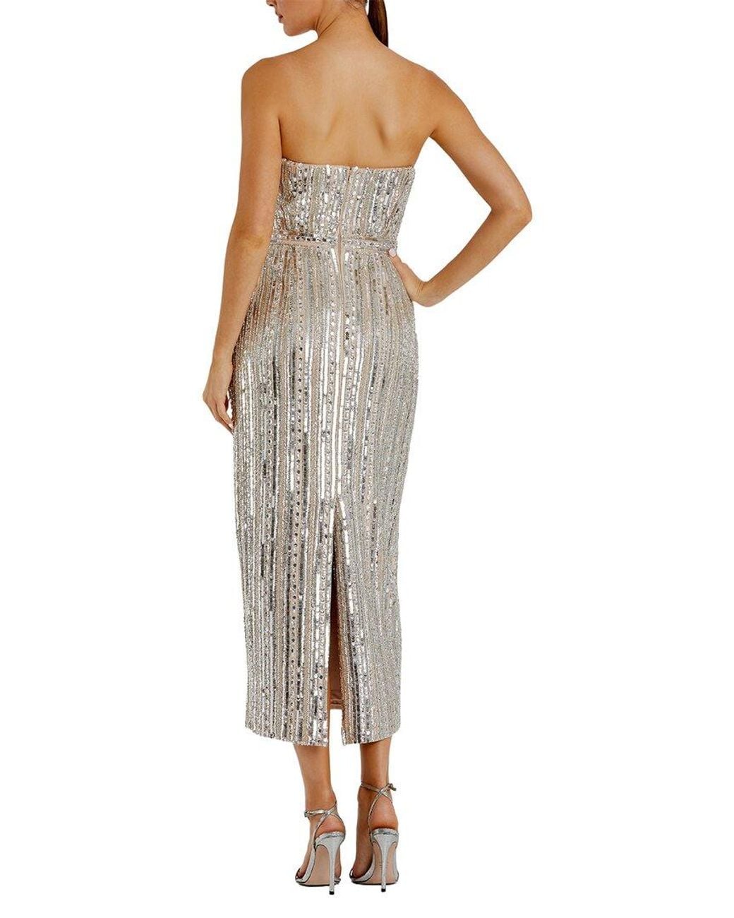 Mac Duggal Sequin Beaded Strapless Tea-Length Sheath Dress in Natural ...