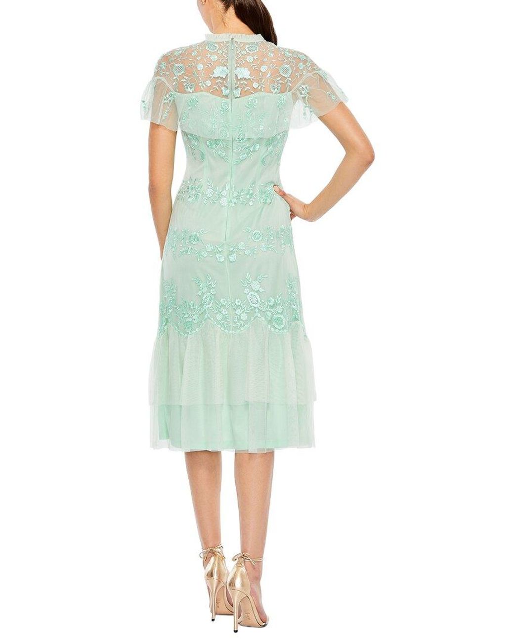 Mac Duggal Green Embroidered Ruffled Cap Sleeve Midi Dress
