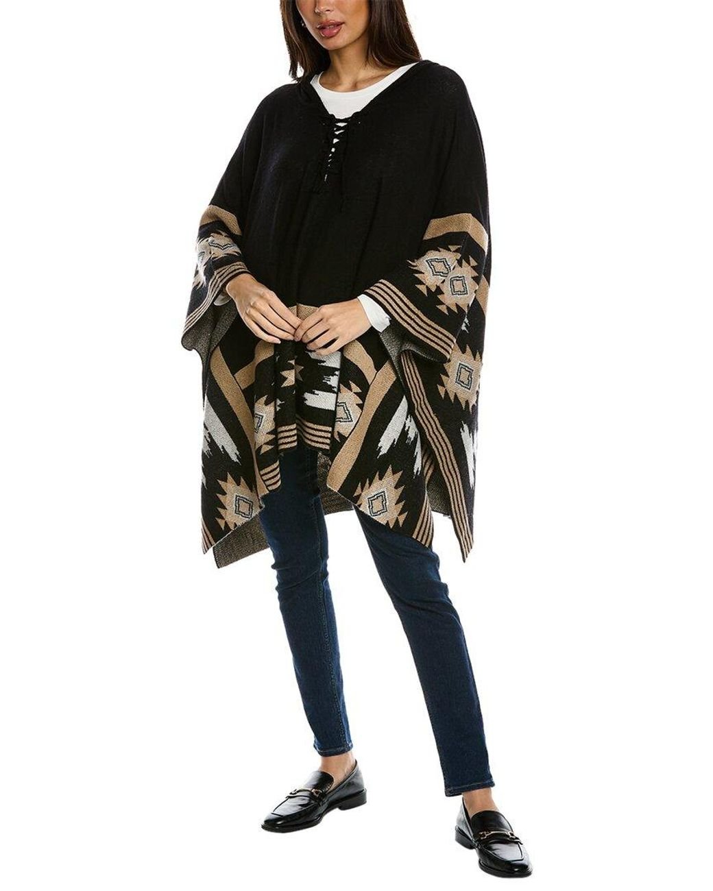 Hannah Rose Southwest Jacquard Wool Cashmere blend Poncho in Black Lyst Canada