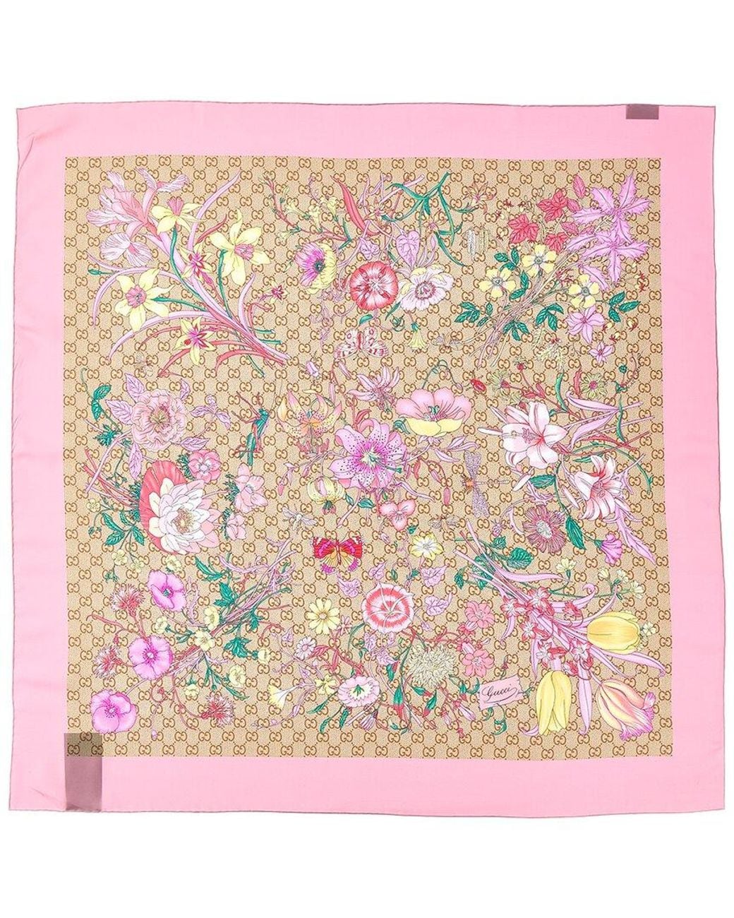 Gucci Pink Printed Gg Silk Twill Carre
