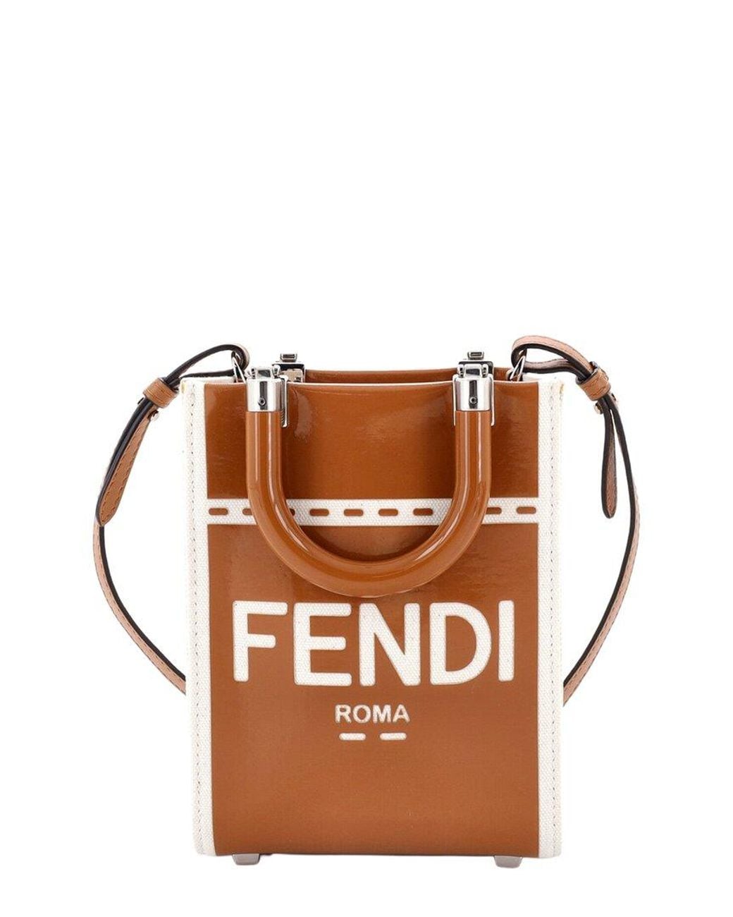 Fendi Brown Patent Leather & Canvas Sunshine Shopper Tote Mini (authentic Pre- Loved)