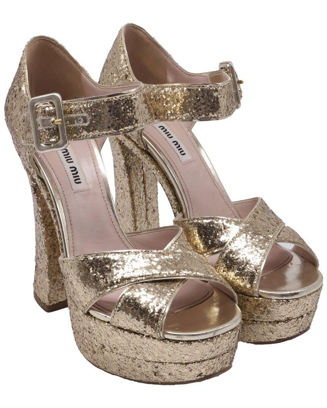Miu Miu Natural Glitter Mary Jane Cross Strap Platform Sandal (Authentic Pre- Loved)