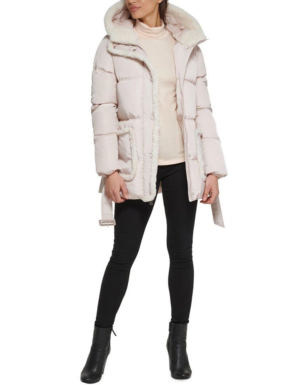Kenneth Cole Faux Sherpa Trim Hooded Puffer Coat in Natural | Lyst UK