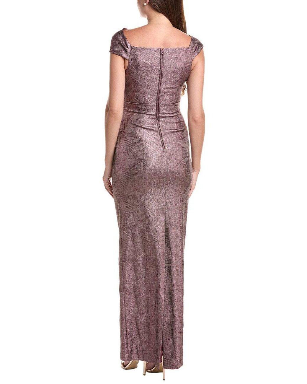 Teri Jon Red Stretch Jacquard Ruched Asymmetrical Neck Gown